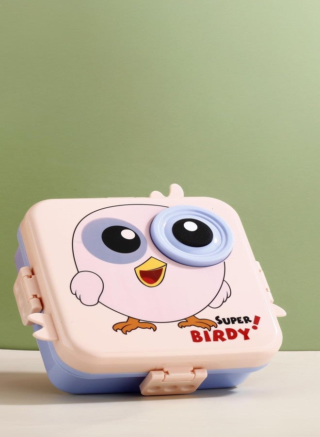 Clazkit 3-Compartment Birdy Printed Design Lunch Box - Leak-Proof & BPA-Free Bento Box with Platic Tray, Spoon & Container for School, Office, Travel - 1120ml + 70ml, Light Pink - Image 1